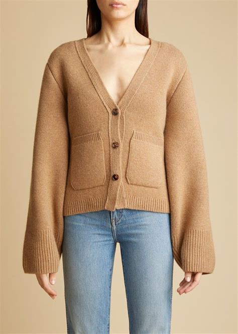 khaite scarlet cardigan camel.